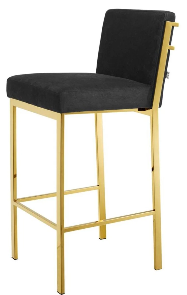 Casa Padrino Luxus Barstuhl Schwarz / Gold 43 x 54 x H. 101 cm - Designer Edelstahl Barhocker mit Samtstoff - Barmöbel
