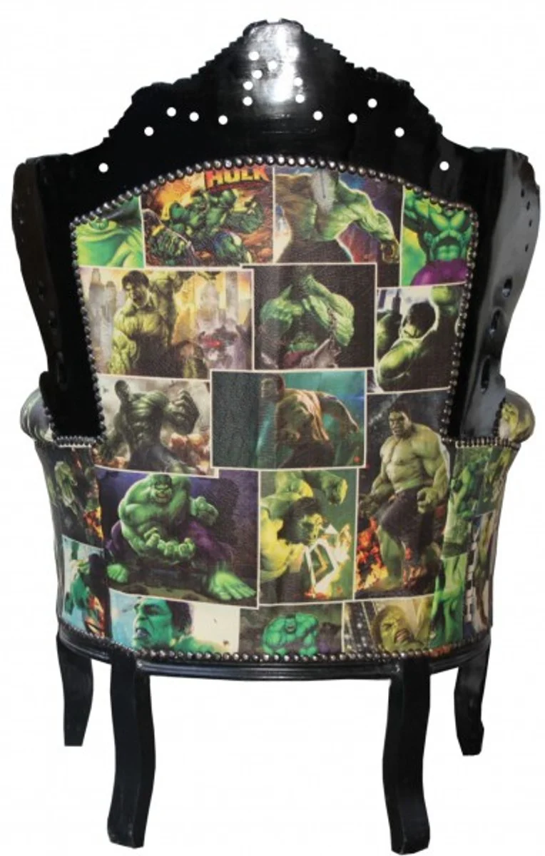 Casa Padrino Barock Sessel King Comic Design / Schwarz Lederoptik - Massivholz - 120 x 85 x 85 cm