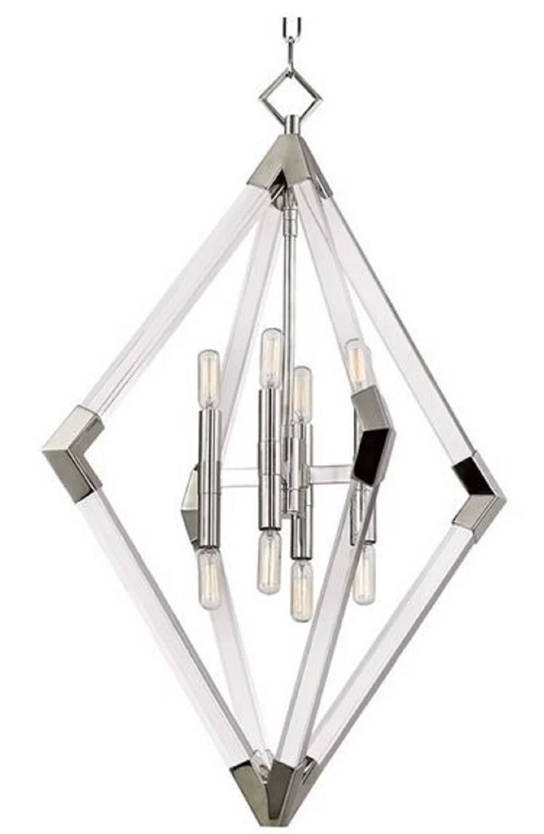 Casa Padrino Luxus Hängeleuchte Silber 59,7 x 59,7 x H. 83,8 cm - Pendelleuchte mit Acryl-Diamantrahmen und Metallakzenten