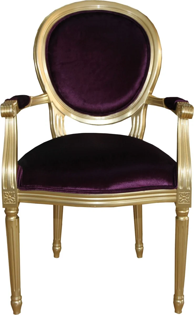Casa Padrino Barock Luxus Esszimmerstuhl mit Armlehnen in Lila und Gold - Massives Buchenholz - 95 x 55 x 50 cm