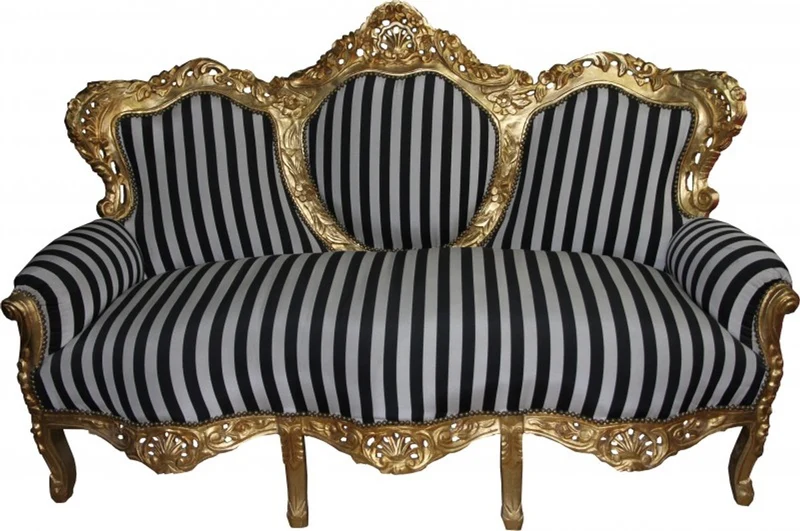 Casa Padrino Barock 3-er Sofa King im Streifen-Design Schwarz/Weiss und Gold, 184 x 81 x 125 cm