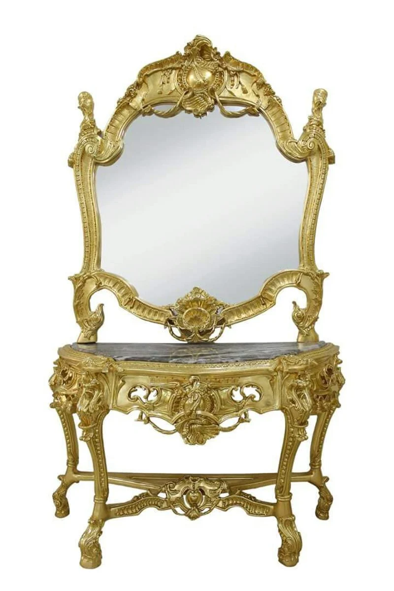 Casa Padrino Barock Spiegelkonsole mit Marmorplatte - Luxus Spiegelkonsole in Gold / Schwarz - 120 x 220 cm