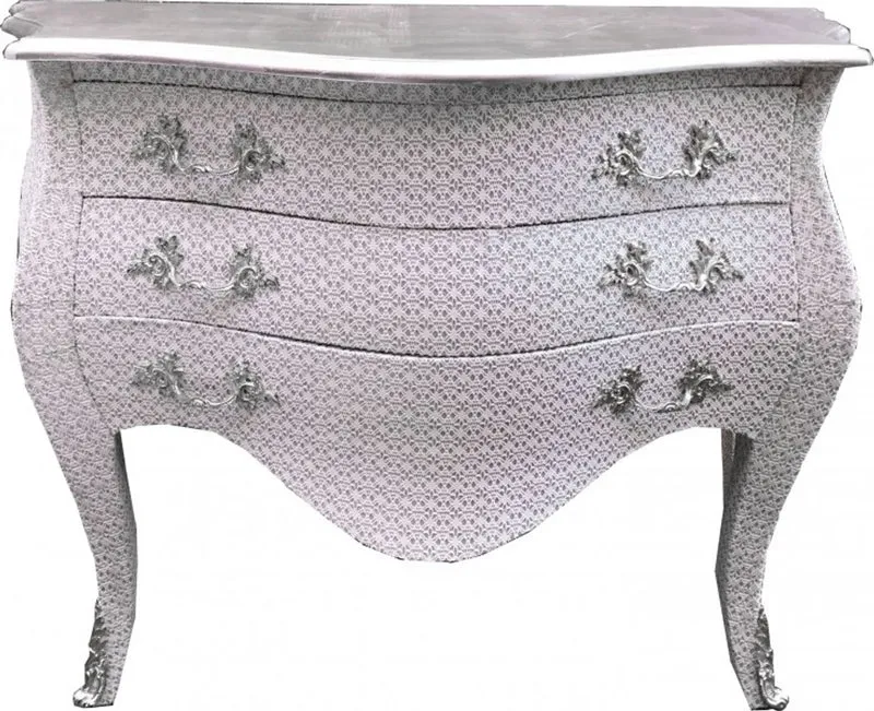 Casa Padrino Barock Kommode Weiß Glitzerlook 120 cm mit silberner Oberplatte - Antik Stil Möbel