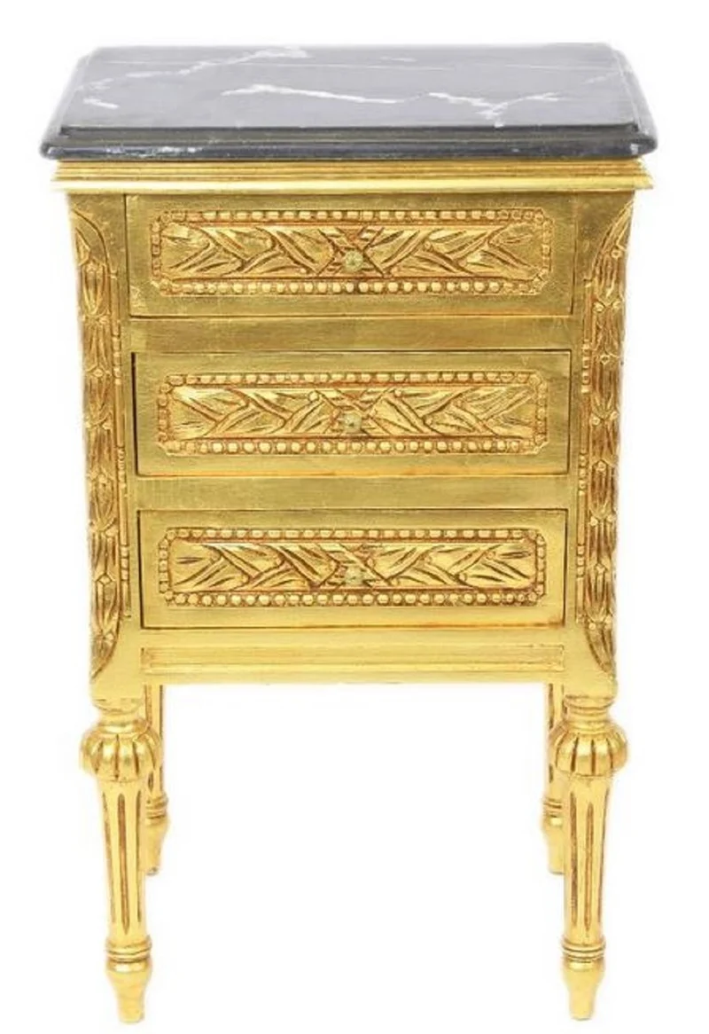 Casa Padrino Barock Beistelltisch mit 3 Schubladen und Marmorplatte Gold / Schwarz 45 x 55 x H. 75 cm - Barockmöbel