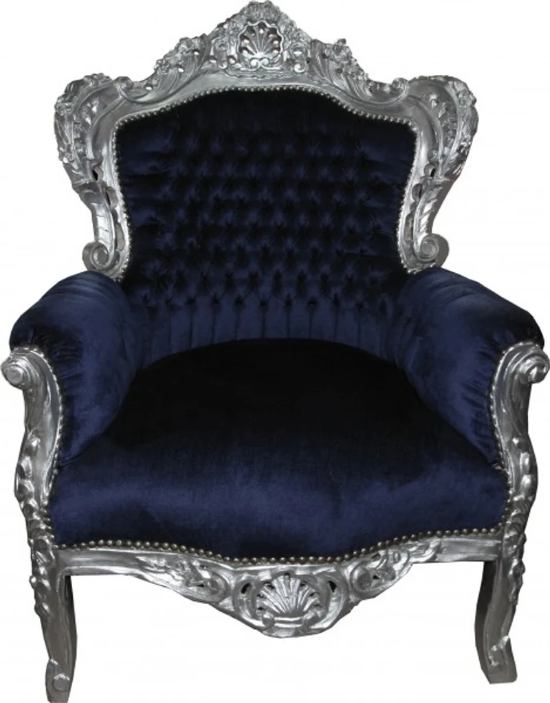 Casa Padrino Barock Sessel King Royalblau / Silber - Luxus Barock Möbel im Antik Stil - 120 x 85 x 85 cm