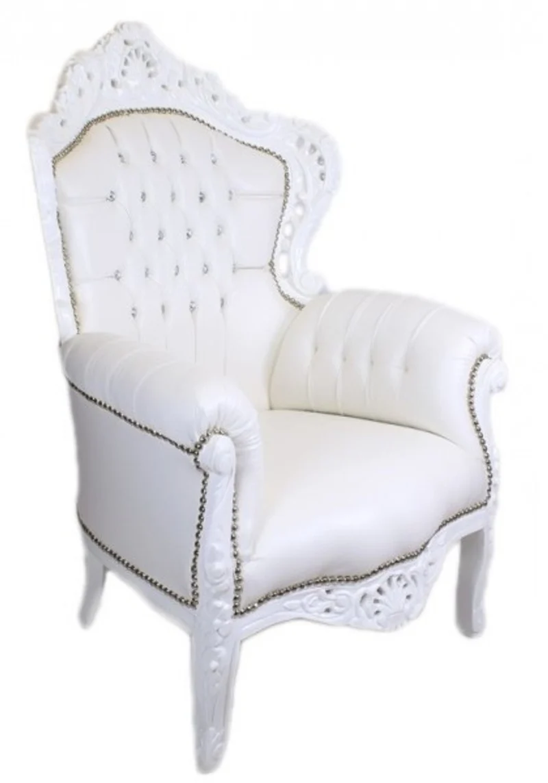 Casa Padrino Barock Sessel King Weiß Lederoptik mit Bling Bling Glitzersteinen, 120 x 85 x 85 cm