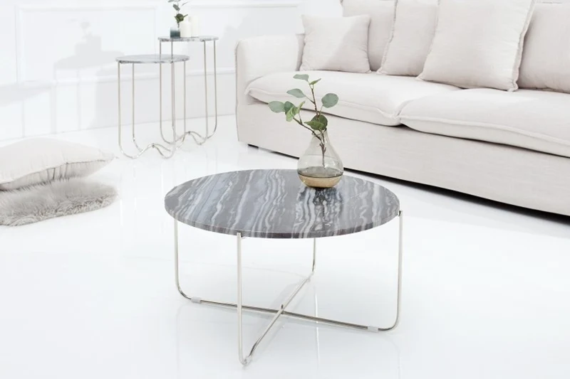 Casa Padrino Designer Beistelltisch mit Marmorplatte Ø 60 cm Grau / Silber H. 33 cm - Unikat