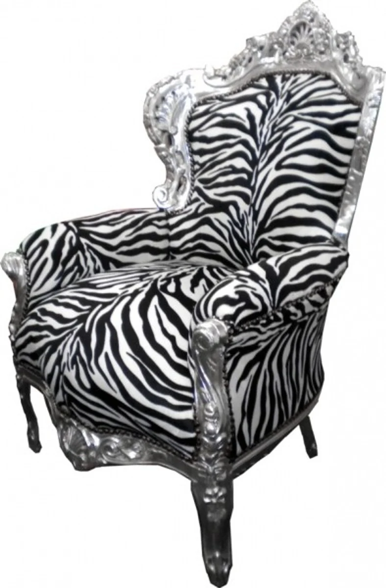 Casa Padrino Barock Sessel King Zebra / Silber - Handgefertigter Sessel aus Massivholz, 120 x 85 x 85 cm