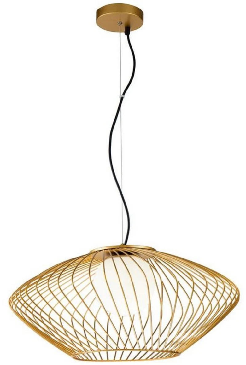 Casa Padrino Luxus Hängeleuchte Gold / Weiß Ø 52 x H. 24 cm - Höhenverstellbare Metall Pendelleuchte mit Glas Lampenschirm