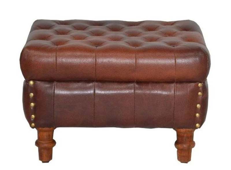 Casa Padrino Luxus Echtleder Hocker Chesterfield Stil in Braun - 50 x 40 x H. 35 cm - Handgefertigter Fußhocker mit Messingdetails