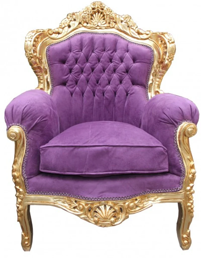 Casa Padrino Barock Sessel King Mod2 Lila / Gold - Luxus Barockmöbel 116 x 85 x 60 cm