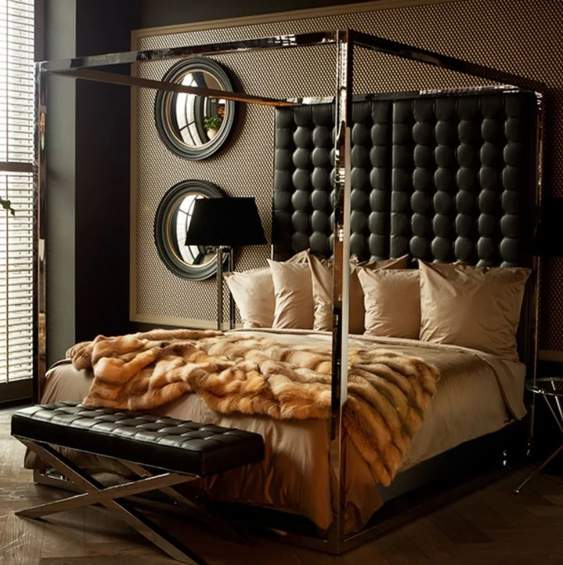 Casa Padrino Luxus Bettgestell mit Kopfteil in schwarzer Leder-Optik 190 x 220 x H. 220 cm - Designermöbel