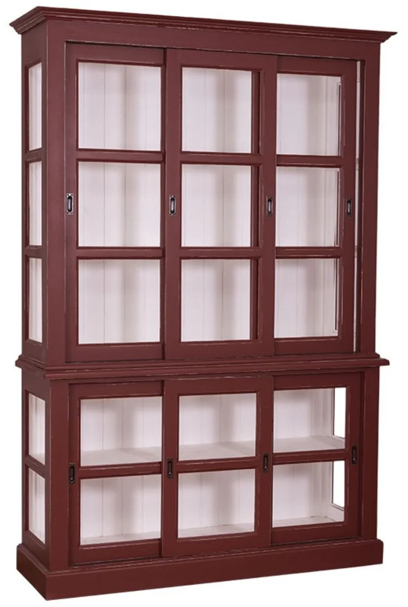 Casa Padrino Landhausstil Vitrinenschrank Antik Bordeauxrot / Weiß 151 x 47 x H. 220 cm - Wohnzimmerschrank mit 6 Schiebetüren