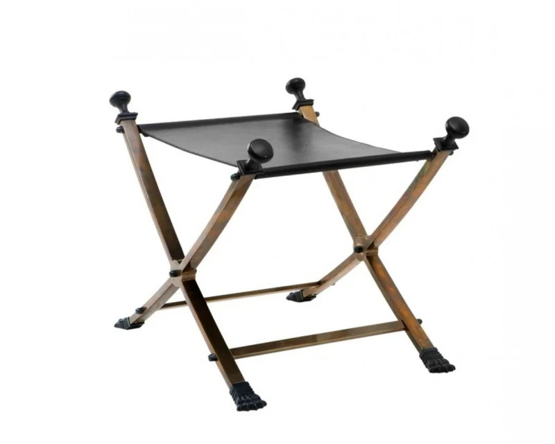 Casa Padrino Luxus Hocker Vintage Messing mit schwarzem Leder 61 x 46 x H. 48 cm - Limited Edition