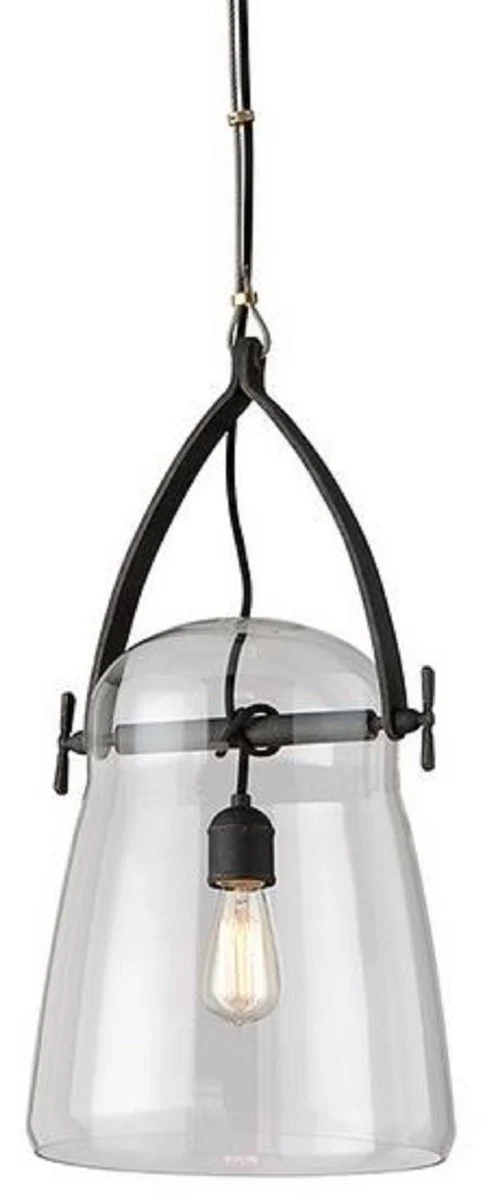 Casa Padrino Luxus Hängeleuchte Schwarz Ø 30,5 x H. 61 cm - Pendelleuchte mit rundem Glas Lampenschirm