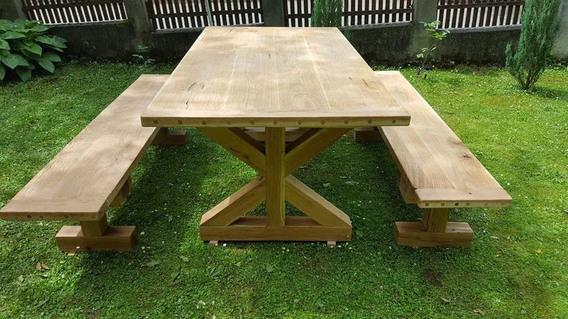 Casa Padrino Gartenmöbel Set Rustikal mit Kreuzgestell - Tisch + 2 Garten Bänke (Länge: 200 cm) - Eiche Massivholz