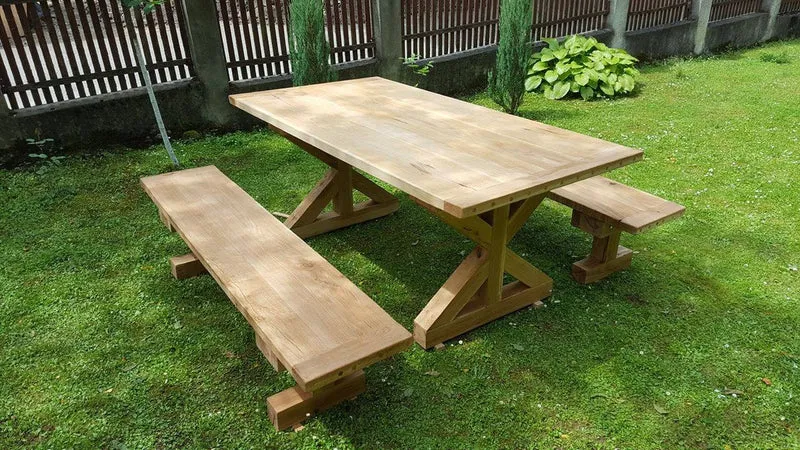 Casa Padrino Gartenmöbel Set Rustikal mit Kreuzgestell - Tisch + 2 Garten Bänke (Länge: 200 cm) - Eiche Massivholz
