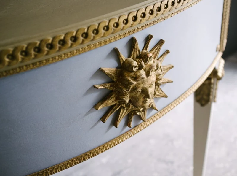 Casa Padrino Luxus Barock Konsole Blau / Weiß / Gold 150 x 75 x H. 91 cm - Handgefertigter Halbrunder Antik Stil Konsolentisch