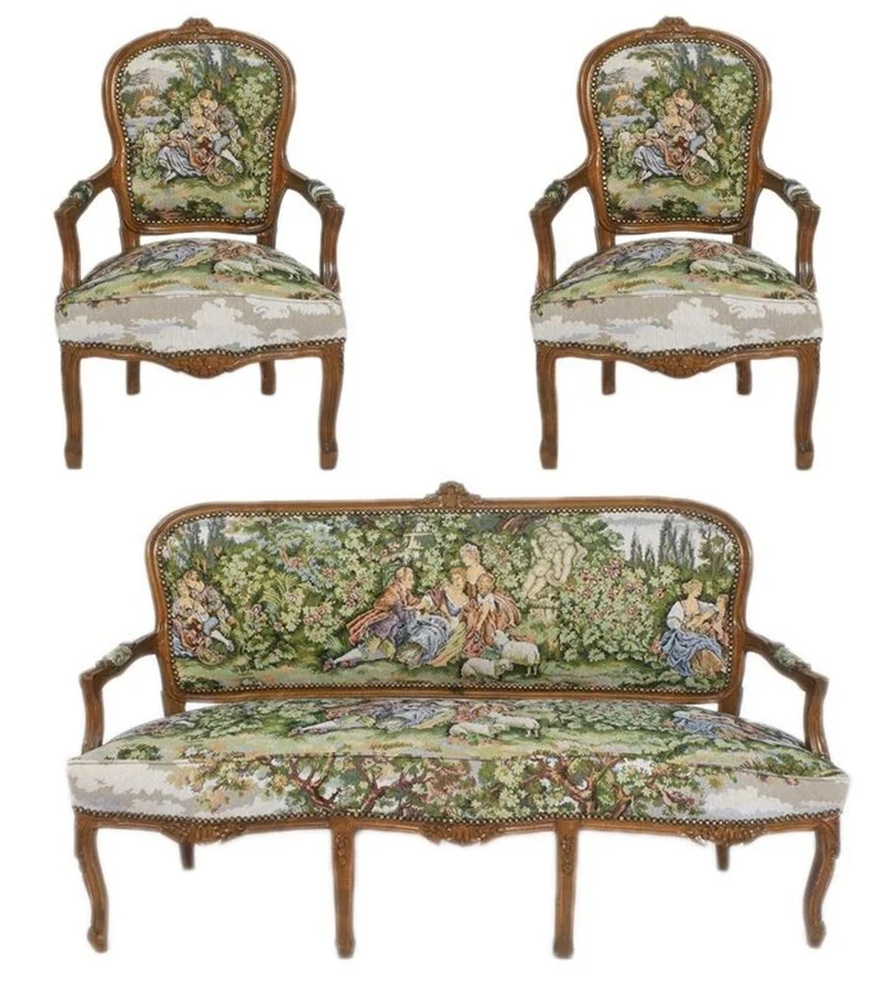 Casa Padrino Barock Sitzbank Set Gobelin / Braun - 1 Sofa + 2 Sessel