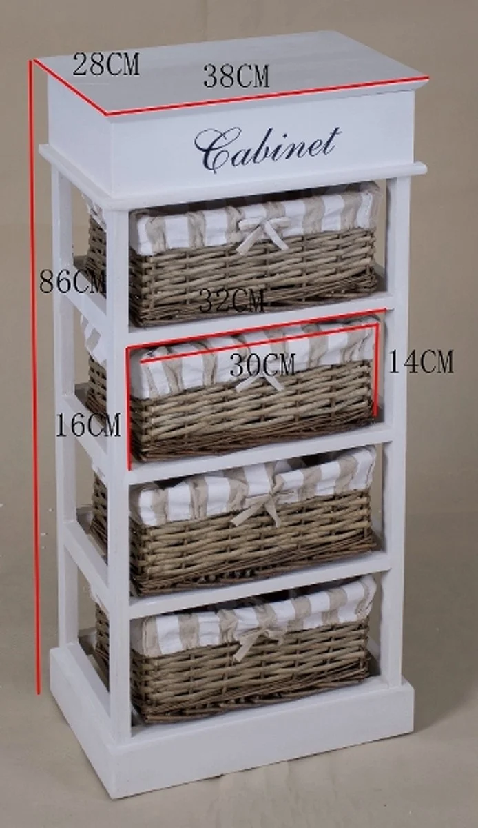 Casa Padrino Landhausstil Kommode Weiß / Naturfarben 38 x 28 x H. 86 cm - Handgefertigte Kommode mit 4 Rattankörben