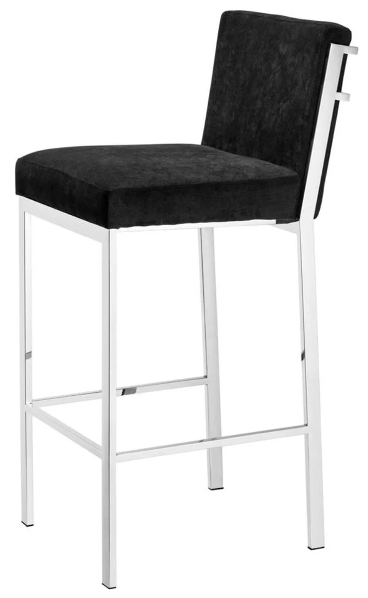 Casa Padrino Luxus Barstuhl Schwarz / Silber 43 x 54 x H. 101 cm - Designer Edelstahl Barhocker mit Samtstoff - Barmöbel