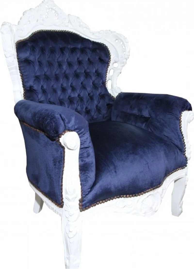 Casa Padrino Barock Sessel King Royalblau / Weiß 85 x 85 x H. 120 cm - Prunkvoller Armlehnstuhl im Antik Stil