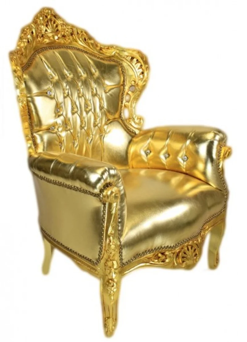 Casa Padrino Barock Sessel King Gold in Lederoptik mit Bling Bling Glitzersteinen, 120 x 85 x 85 cm