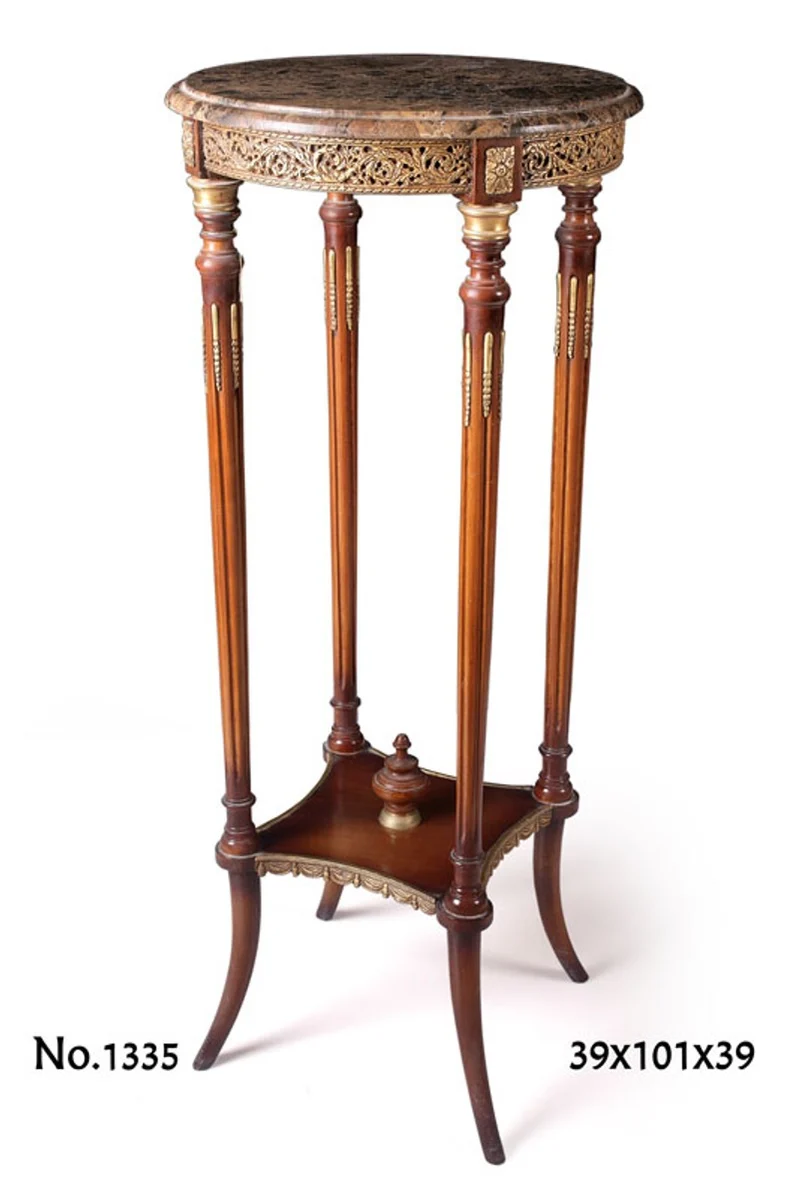 Casa Padrino Barock Beistelltisch, edler Säulentisch aus Massivholz mit Marmorplatte, braun und messing, 39 x 39 x H. 101 cm