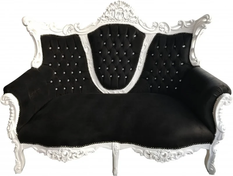 Casa Padrino Barock 2-er Sofa Master Schwarz / Weiss mit Glitzersteinen, Breite 168 cm, Höhe 128 cm, Tiefe 70 cm