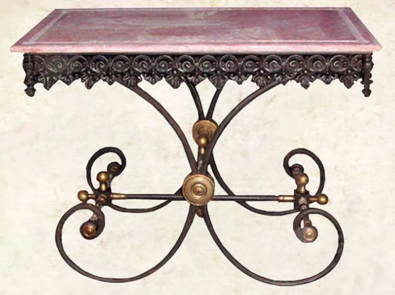 Casa Padrino Nostalgie Gartentisch aus Schmiedeeisen mit roter Marmorplatte - 100 cm x 67 cm x H75 cm - Luxus Gartenmöbel