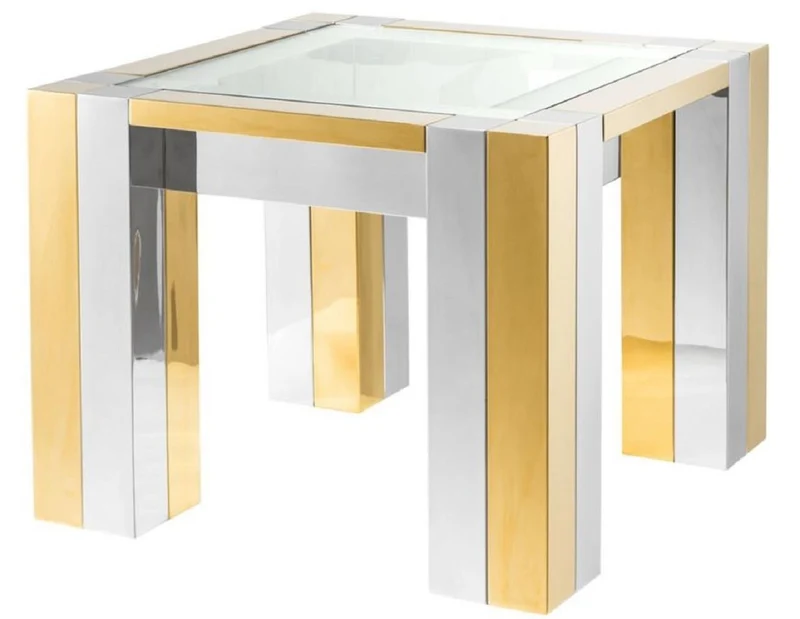 Casa Padrino Luxus Edelstahl Beistelltisch Silber / Gold 65 x 65 x H. 50 cm - Designer Beistelltisch mit Glasplatte