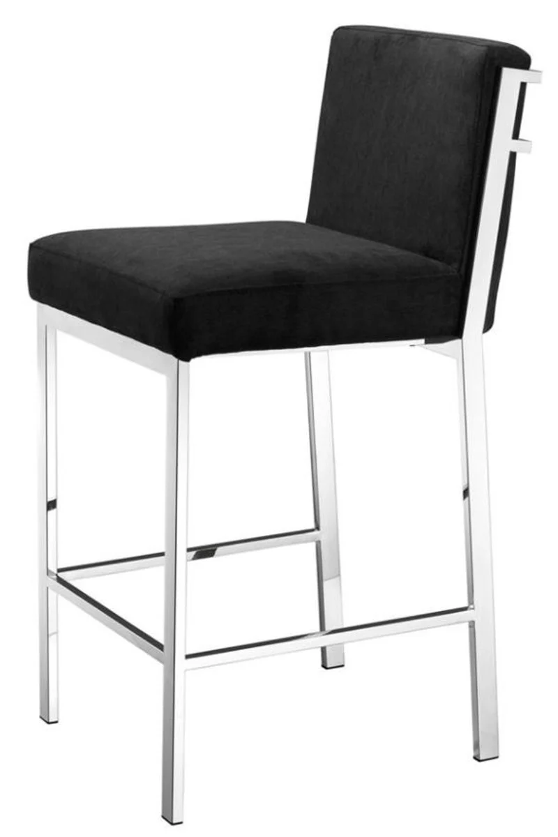 Casa Padrino Luxus Barstuhl Schwarz / Silber 43 x 54 x H. 91 cm - Designer Edelstahl Barhocker mit Samtstoff - Barmöbel