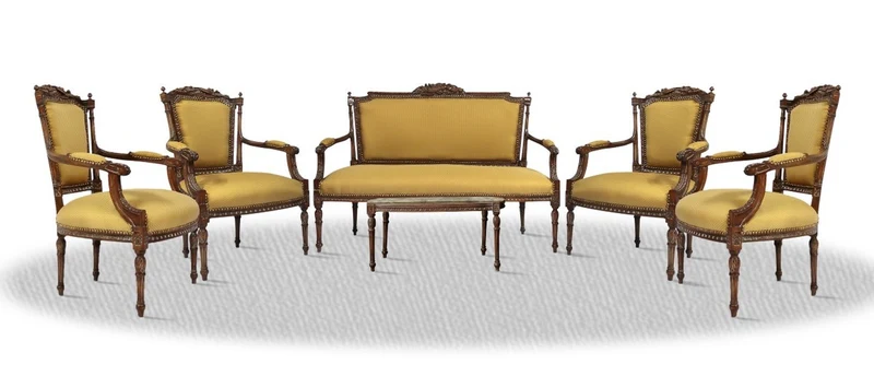 Casa Padrino Barock Salon Set mit Sitzbank 4 Stühlen und Tisch - Barock Salon Möbel