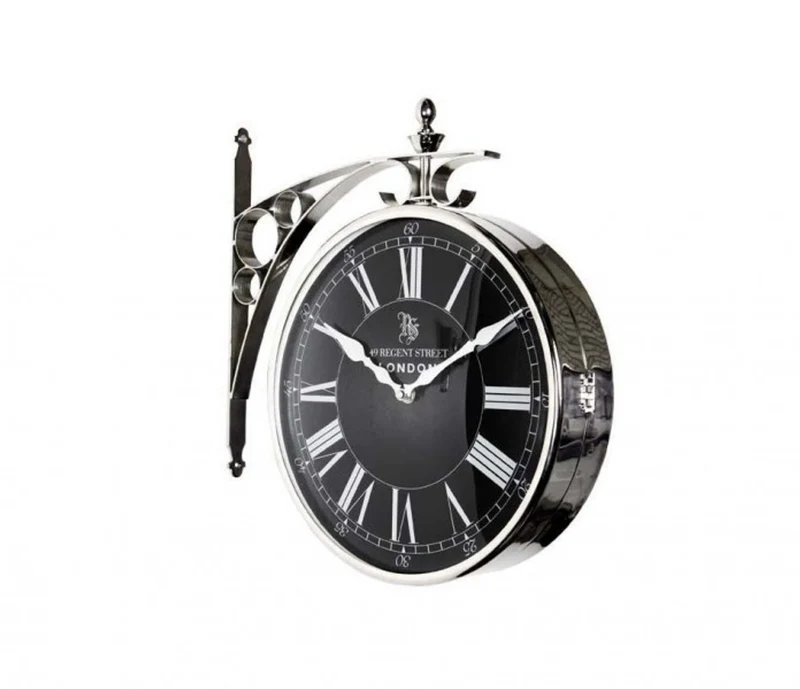 Casa Padrino Luxus Doppelseitige Bahnhofsuhr im Retro Stil, Nickel Finish, 29 x 8 x H. 39 cm