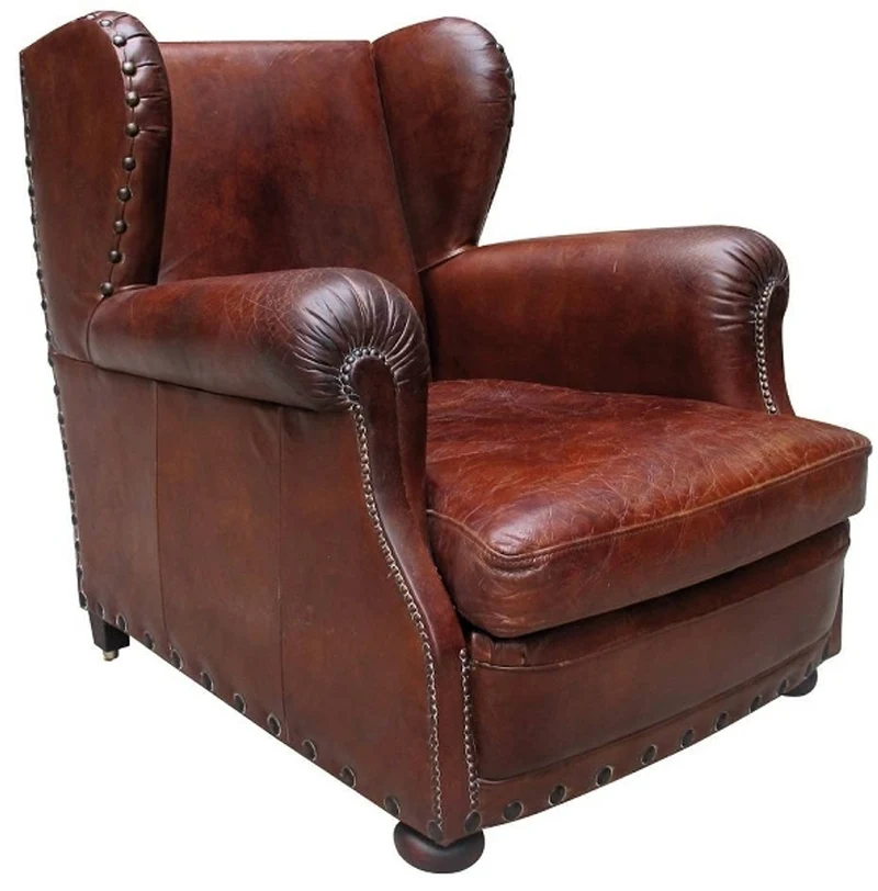 Casa Padrino Luxus Leder Ohrensessel im englischen Stil in Rotbraun 87 x 100 x H. 93 cm - Echtleder Möbel