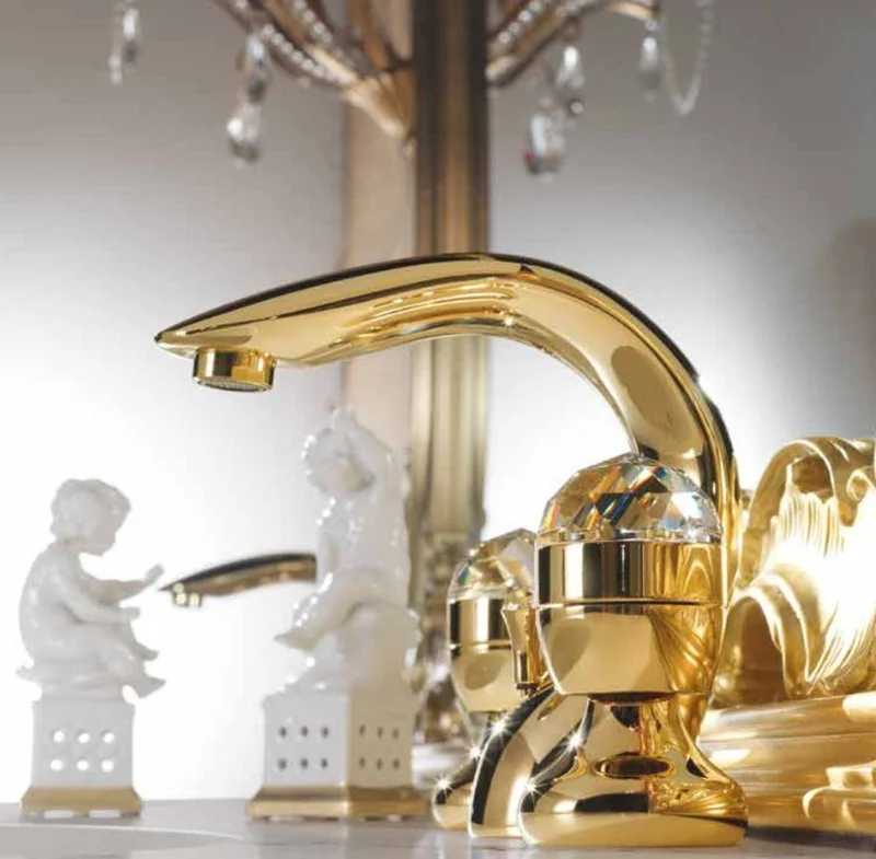 Luxus Bad Zubehör - Jugendstil Retro Waschtisch Armatur Einlochbatterie Gold Serie Cristallo - Made in Italy