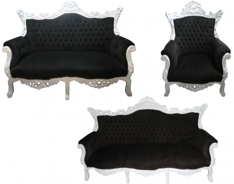 Casa Padrino Barock Wohnzimmer Set Master im Antik Stil Schwarz/Weiss - 3er Sofa, 2er Sofa, 1 Sessel