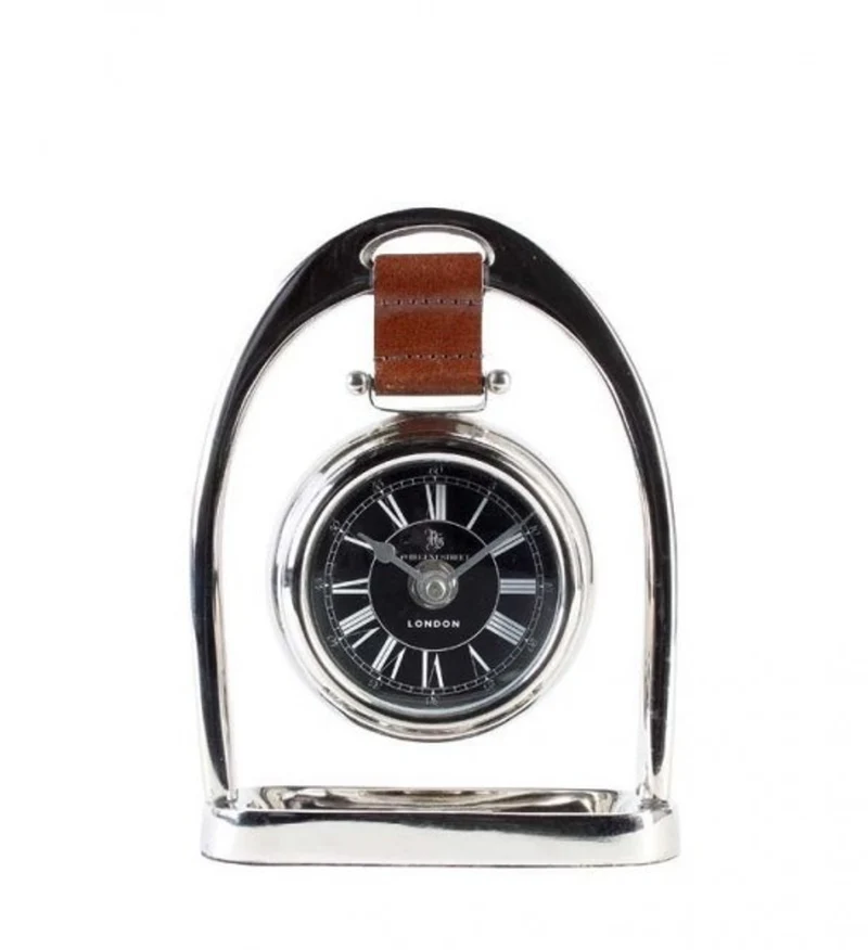 Casa Padrino Luxus Tischuhr 49 Regent Street London, vernickeltes Metall und braunes Leder, 18 x 5 x H. 24,5 cm