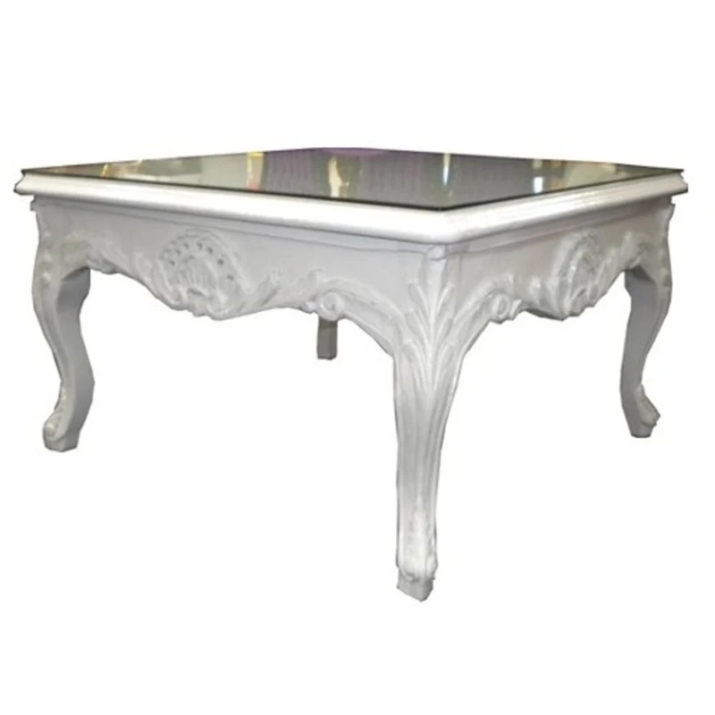 Casa Padrino Barock Beistelltisch Weiß 80 x 80 x 48 cm - Luxuriöser Couchtisch aus Massivholz mit Glasplatte