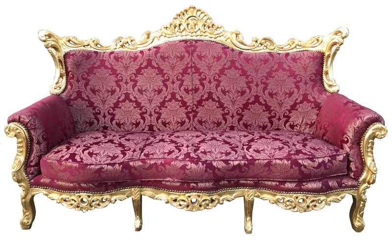 Casa Padrino Barock 3er Sofa Bordeaux Rot Muster / Gold - Massivholz Luxus Couch 210 x 135 x 90 cm