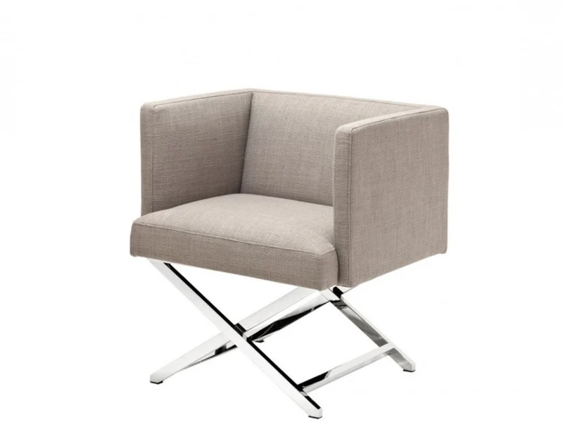 Casa Padrino Art Deco Club Sessel - Designer Hotel Sessel aus poliertem Stahl und Stoff Panama Sand / Dunkelgrau - 68 x 57 x 74 cm