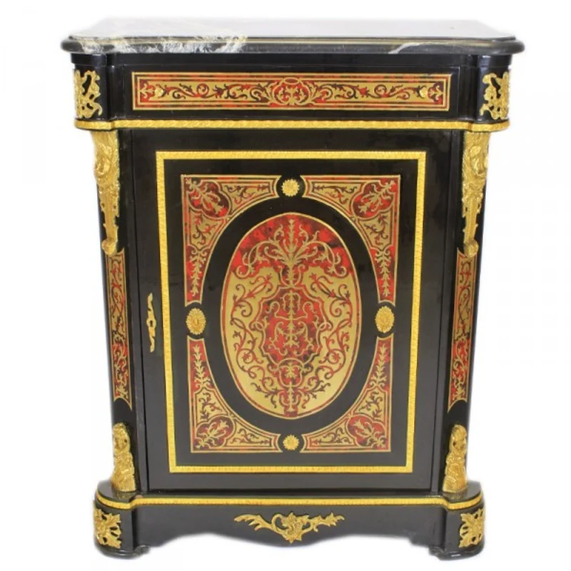 Casa Padrino Barock Boulle Kommode im Antik Stil in Schwarz, Gold und Rot mit Marmorplatte 95 x 45 x H 105 cm