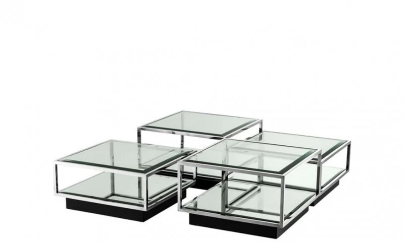 Casa Padrino Art Deco Luxus Couchtisch 4er Set, Wohnzimmer Tisch aus poliertem Edelstahl und schwarzem Spiegelglas 65 x 65 x H. 40 cm