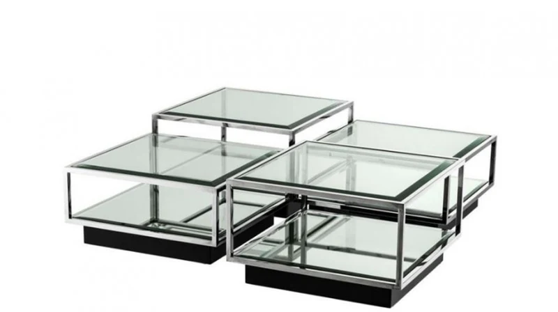 Casa Padrino Art Deco Luxus Couchtisch 4er Set, Wohnzimmer Tisch aus poliertem Edelstahl und schwarzem Spiegelglas 65 x 65 x H. 40 cm