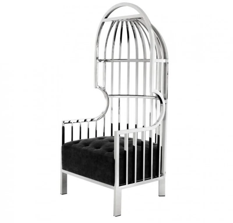 Casa Padrino Luxus Designer Art Deco Salon Sessel aus poliertem Stahl und schwarzem Samt 68 x 68 x 150 cm