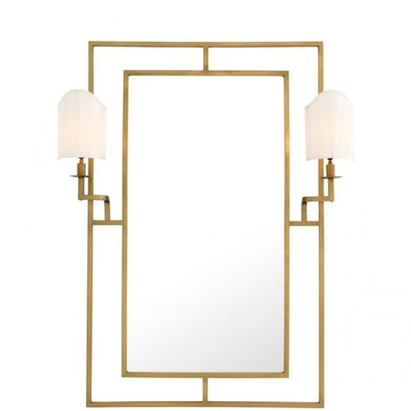 Casa Padrino Luxus Designer Wandspiegel Messing mit zwei Lampenhaltern, 113 x H 140 cm