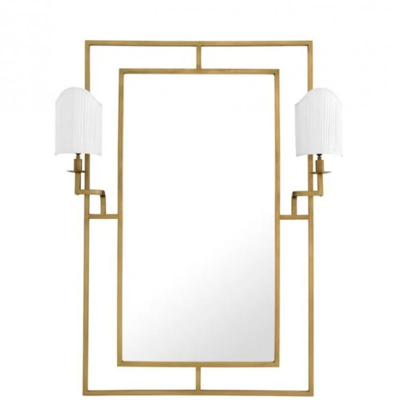 Casa Padrino Luxus Designer Wandspiegel Messing mit zwei Lampenhaltern, 113 x H 140 cm