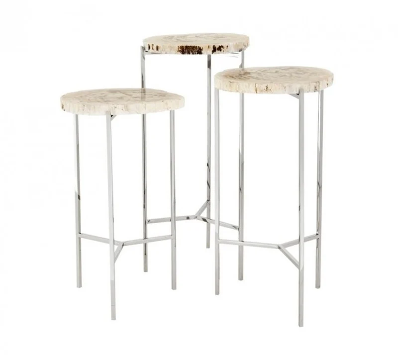 Casa Padrino Luxus Art Deco Designer Beistelltisch 3er Set - Nickel / versteinertes Holz - 30 x H. 60 cm / 27,5 x H. 54,5 cm / 25 x H. 49 cm