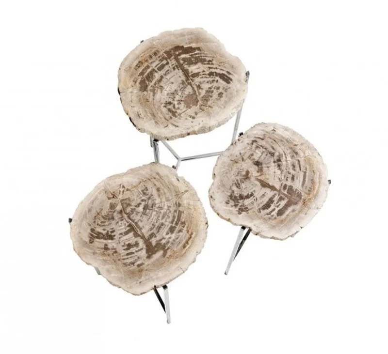 Casa Padrino Luxus Art Deco Designer Beistelltisch 3er Set - Nickel / versteinertes Holz - 30 x H. 60 cm / 27,5 x H. 54,5 cm / 25 x H. 49 cm