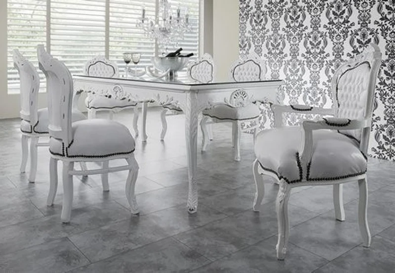 Casa Padrino Barock Esszimmer Set Weiß / Weiß - Esstisch 180cm + 6 Stühle